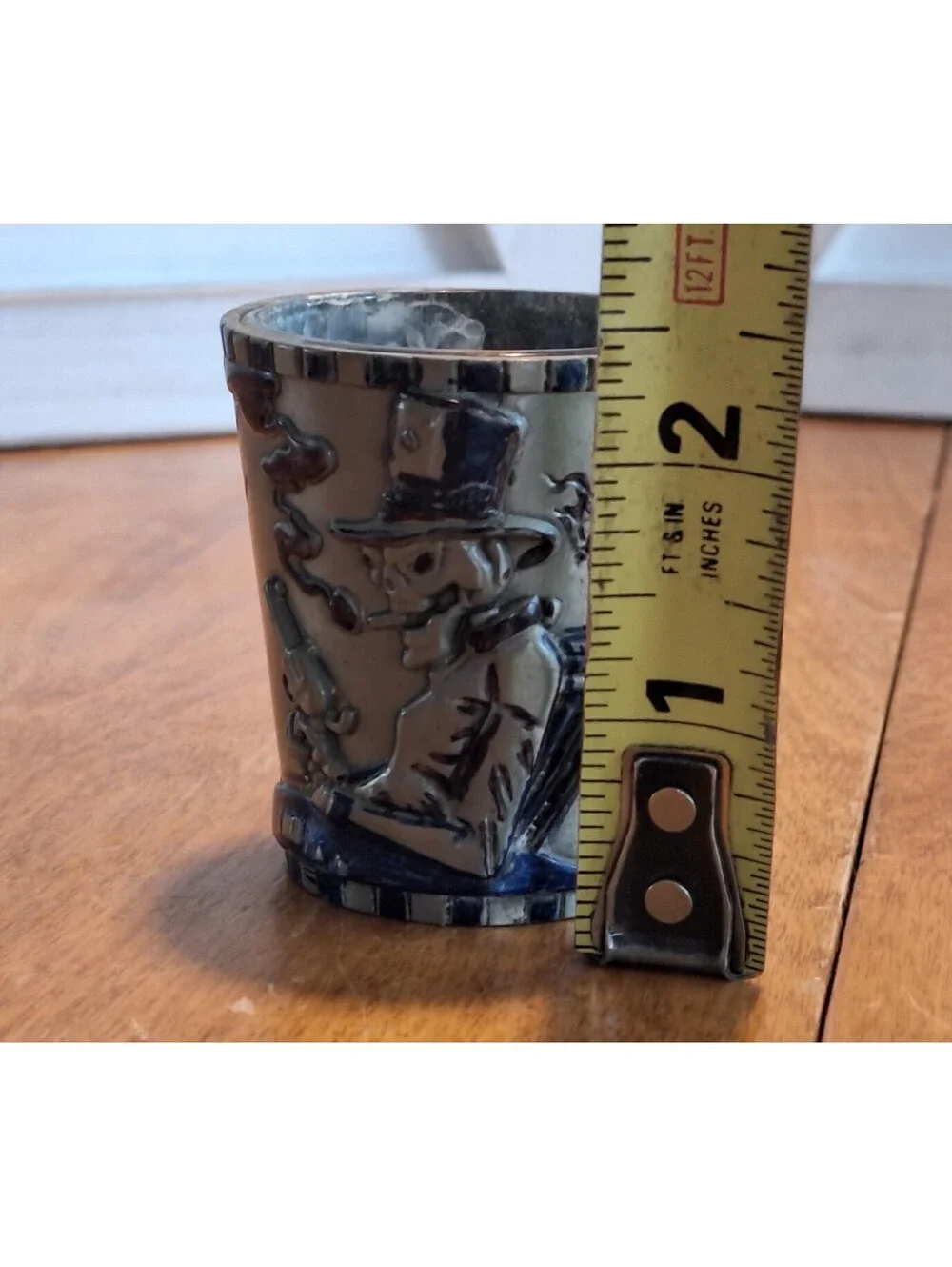 VTG Pewter Shot Glass Holder + Shot Glass Skeleton Gambler Spades Top Hat 2.25